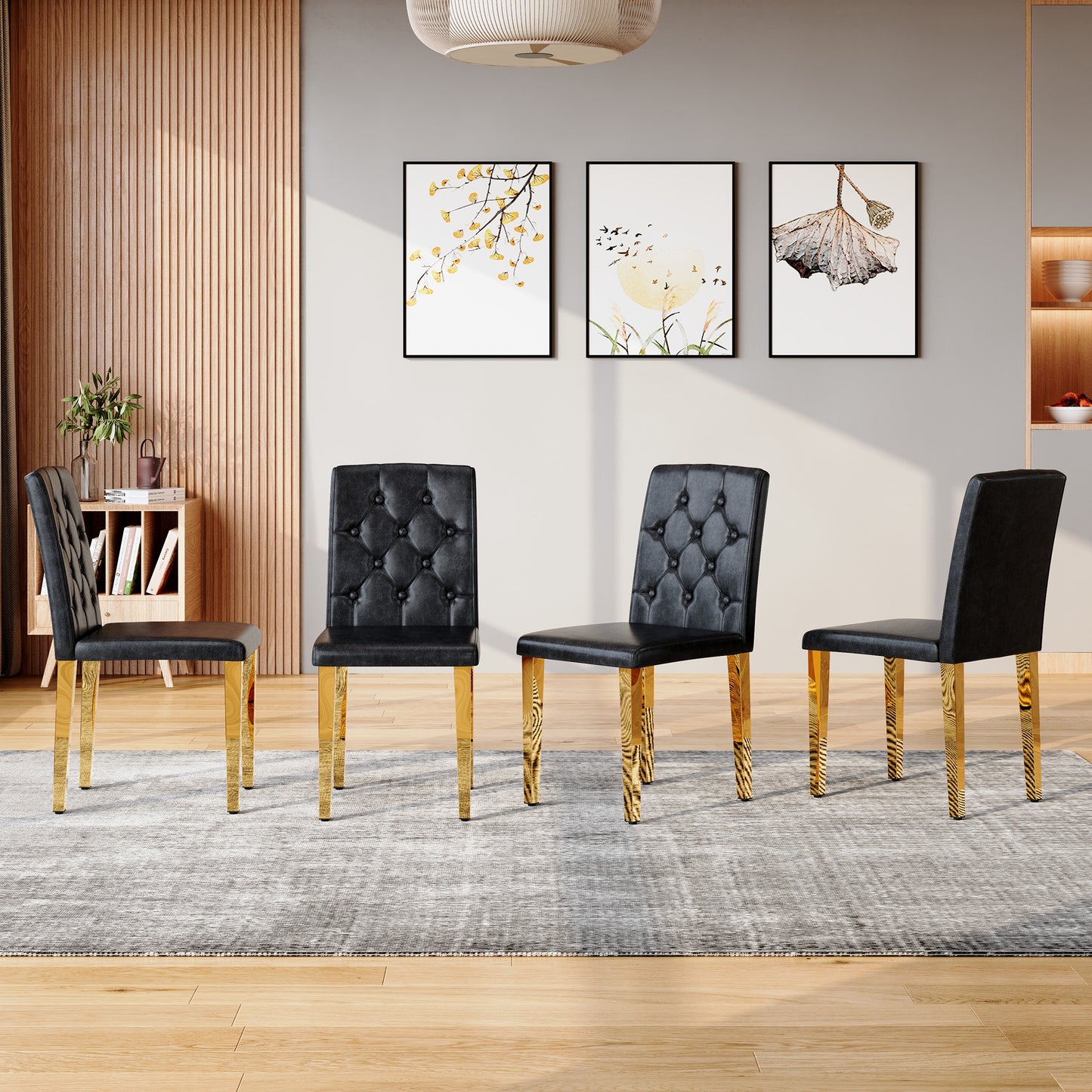 4-pack Black PU Dining Chairs Ergonomic Buckle Backrest, 35 Inches High, Golden Metal Legs,Combines Comfort And Texture.Perfectly Suitable For Family Dining Rooms, Hotel Banquet Halls,etc.W1151P29570