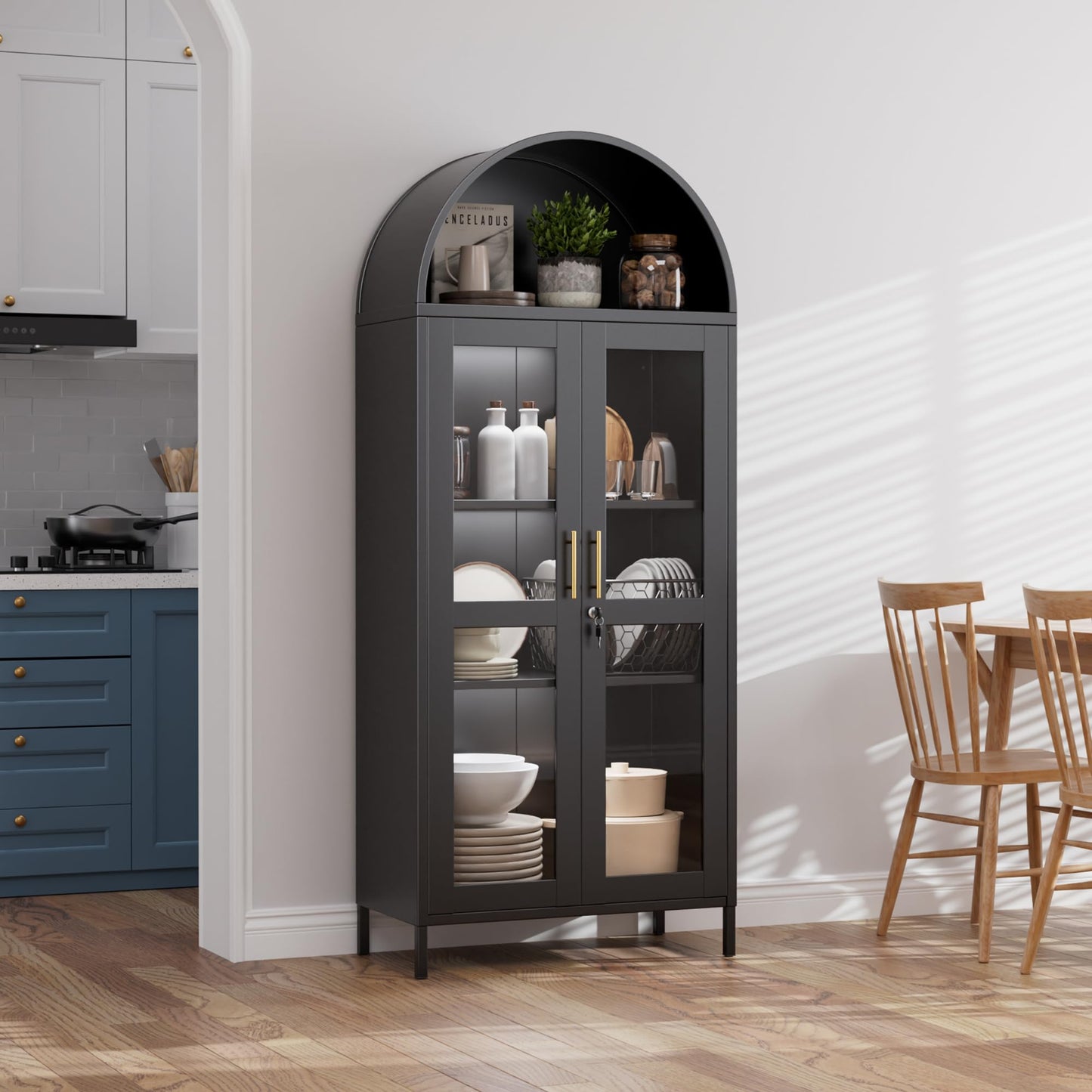 Metal Arched Bookcase Cabinet With 3 LED Strips,Lockable Arched Display Cabinet With Glass Doors For Living Room, Home,Office, Assembly Required Black