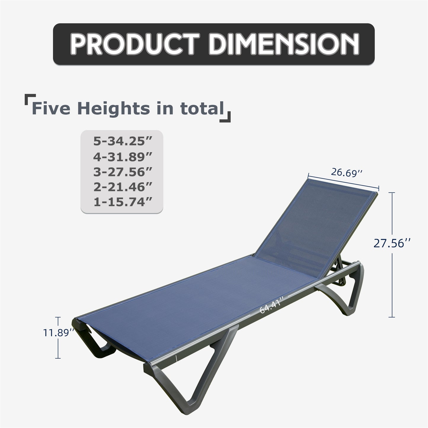 Outdoor Lounge Chair, 2 Pieces Aluminum Plastic Patio Chaise Lounge With 5 Position Adjustable Backrest And Wheels, All Weather Reclining Chair For Patio, Navy Blue