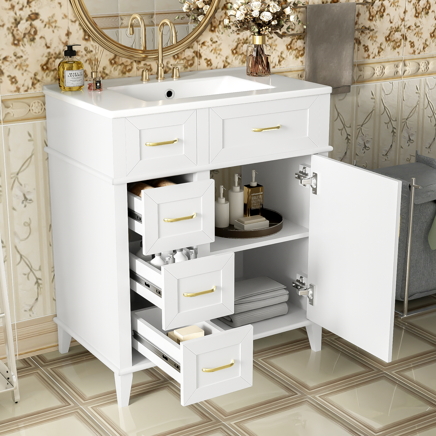 30-Inch Bathroom Vanity With Ceramic Sink, Adjustable Shelf, Soft Close Door, And Three Soft Close Drawers