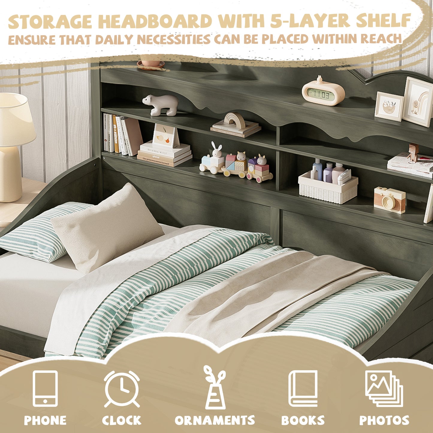 Twin Daybed With Storage Drawers, Wooden Twin Day Bed With Storage Headboard Shelving, Retro Style Daybed For Bedroom,Living Room,Guest Room,No Box Spring Needed, Easy Assembly, Antique Grey