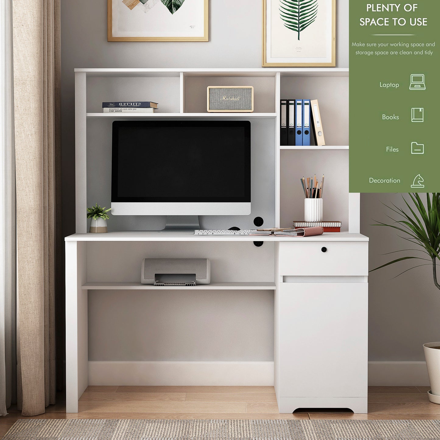Computer Desk With Hutch & Bookshelf,Wood Executive Desk Teens Student Desk Writing Laptop Home Office Desk With Drawers,3 AC Outlets And 2 USB Charging Ports,Study Laptop Table For Home White