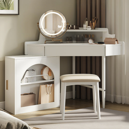 Corner Makeup Vanity Desk With Mirror & LED Lights, Modern Vanity Set With Mirror And Stool, Dressing Table With Large Storage For Small Place, Brightness Adjustable Folding Mirror, White