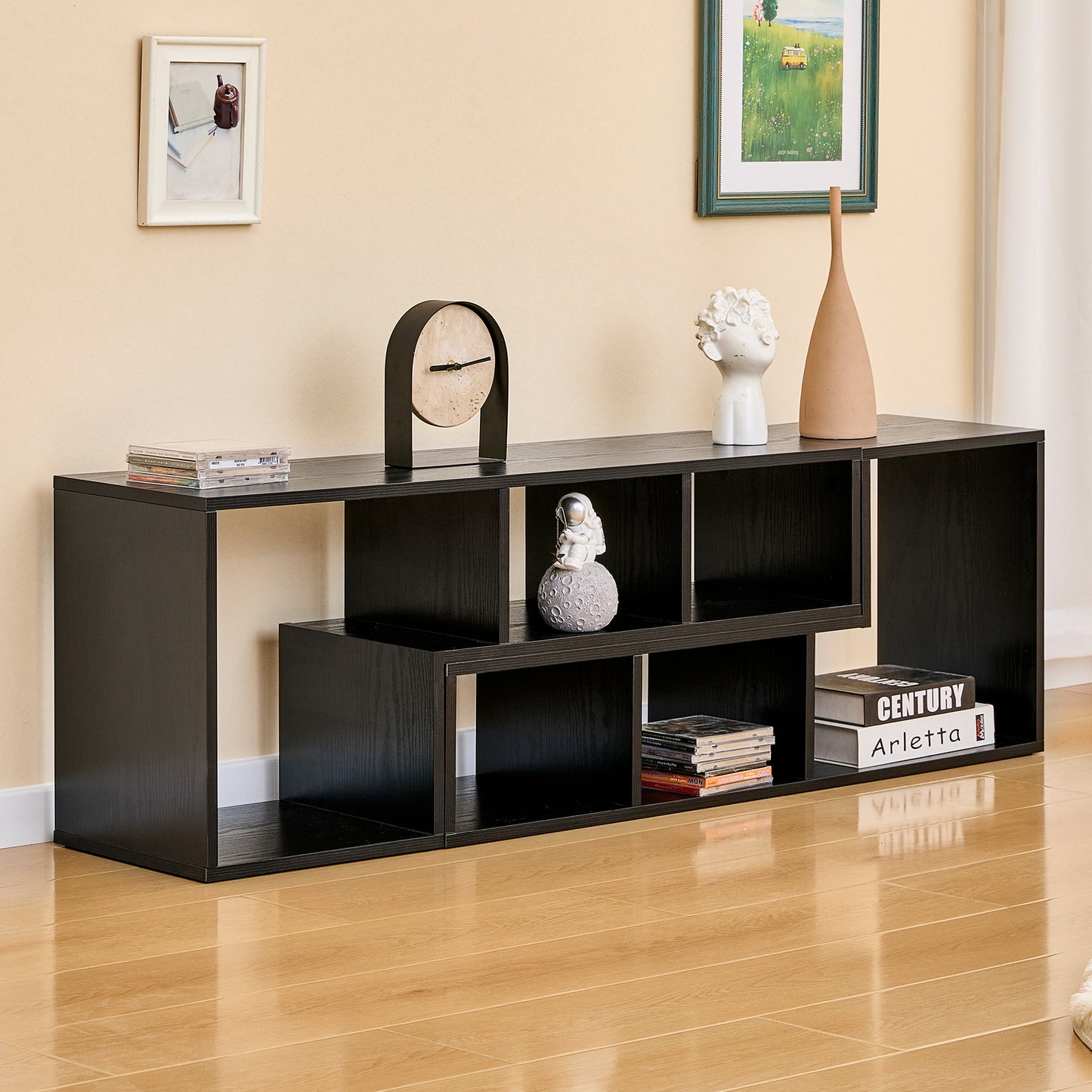 Modern Black Wood Grain MDF TV Stand, Expandable & Customizable Media Console, Free-Combination Entertainment Center With Open Storage Shelves For Living Room, Bedroom, Office