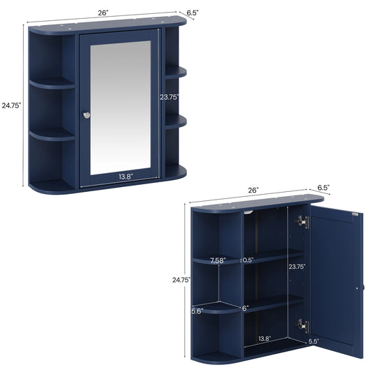 Bathroom Wall Storage Cabinet With Mirror, Medicine Cabinet With Adjustable Wood Shelf & Doors, Mounted Storage Cabinets With 6 Open Shelves, Blue