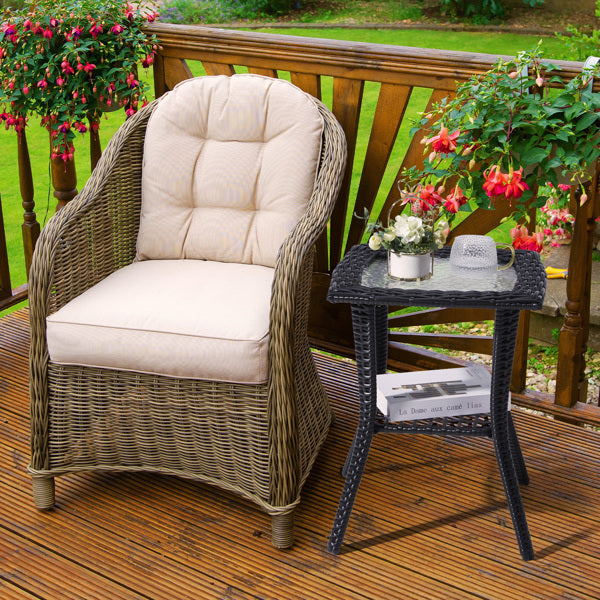 Patterned Glass Surface, Black Rattan, Woven Rattan Edge Side Table, N001