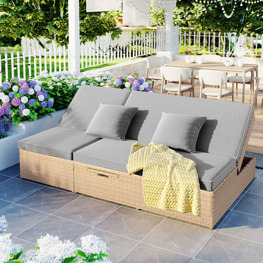 TOPMAX Outdoor Double Sunbed, Wicker Rattan Patio Reclining Chairs With Adjustable Backrest And Seat, Conversational Set For 2 Person, Brown