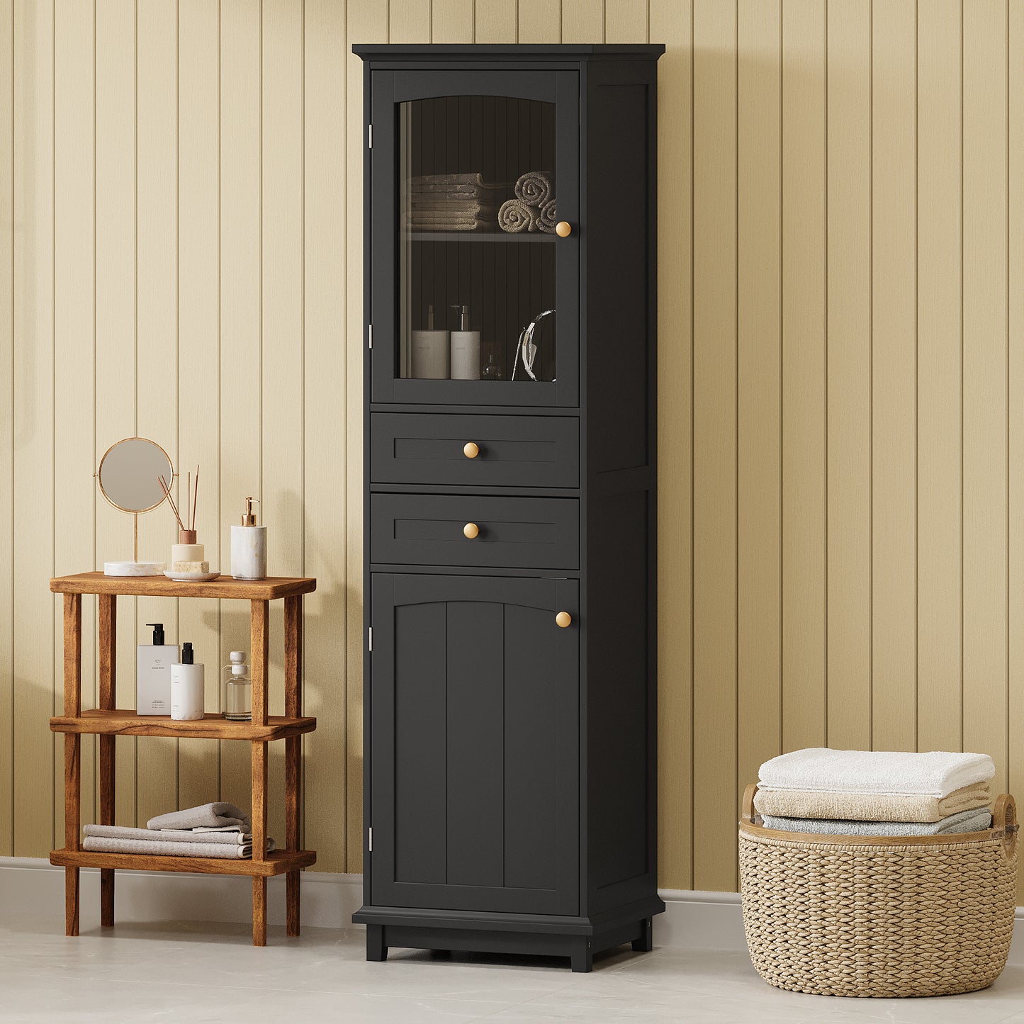 63  Tall Bathroom Storage Cabinet With Glass Doors, Free-Standing, Two Drawers, And Adjustable Shelves, MDF Board, Painted Black - Perfect For Displaying Your Favorite Items