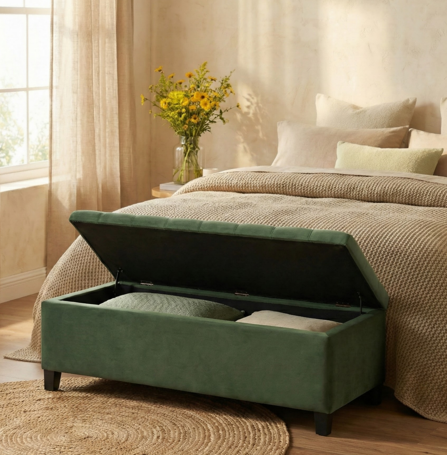 Upholstered Storage Ottoman Bench, Entryway Bench, End Of Bed Bench, Ottoman Foot Rest For Bedroom, Retro Green, 300lbs