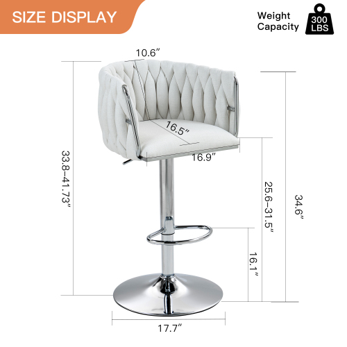 360 Fabric Cover Swivel Bar Stools Set Of 2, Adjustable Counter Height Bar Chairs With Woven Back & Footrest, Silver Chromed Bar Stools For Kitchen Island, Cafe, Pub
