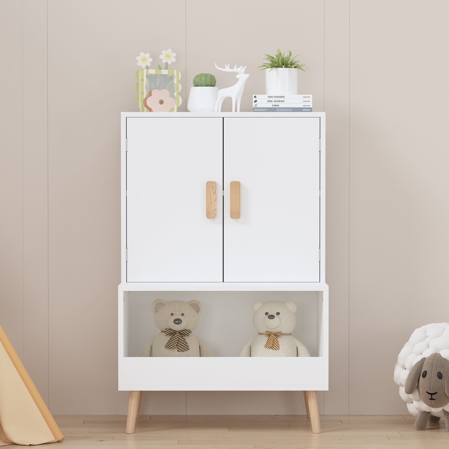 Kids Toy Storage Cabinet With Doors And Open Shelf, White Modern Wooden Organizer With Natural Wood Legs, Toddler Bookshelf For Playroom, Nursery, Bedroom