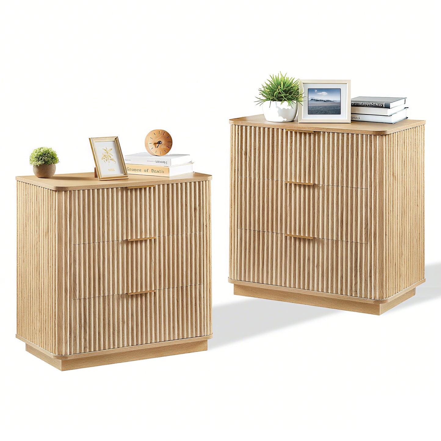 3 Drawers Drasser 2PCS, 27.6'' Wide Modern Chest Of Drawers Curved Wave Design,Nightstand,Wood Drawer Organizer For Bedroom, Living Room, Hallway, Oak,27.6''W X 15.8''D X 27.4''H.