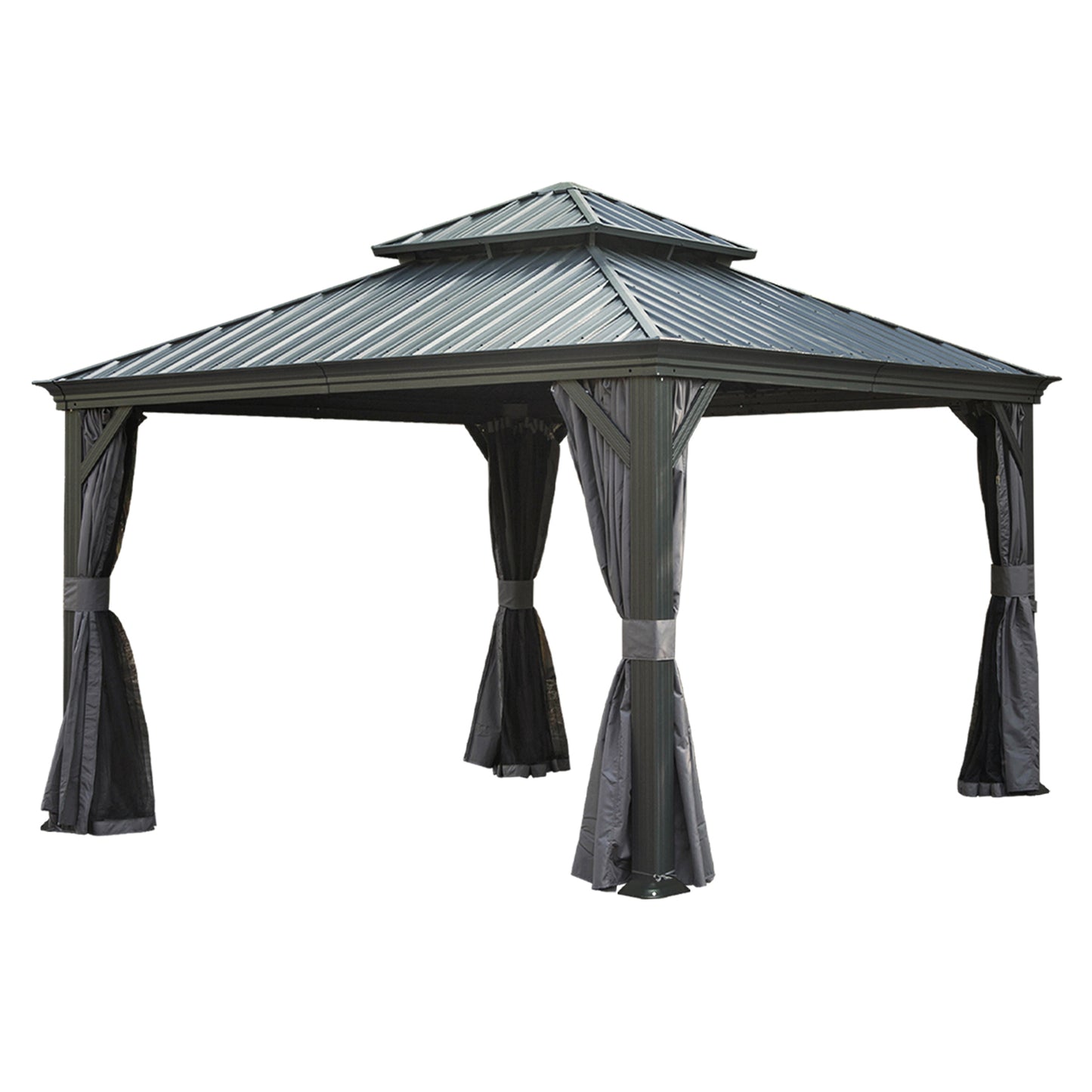 12 X12  Hardtop Gazebo Canopy,Outdoor Aluminum Gazebo With Galvanized Steel Double Roof,Permanent Gazebos With Drainage System,Curtain And Netting Included,Grey
