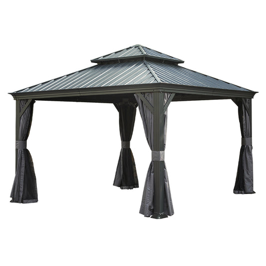 12 X12  Hardtop Gazebo Canopy,Outdoor Aluminum Gazebo With Galvanized Steel Double Roof,Permanent Gazebos With Drainage System,Curtain And Netting Included,Grey