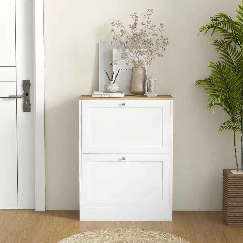 Slim Shoe Storage Cabinet, Modern Shoe Cabinet With 2 Flip Drawers And Adjustable Shelves For 8-12 Pairs, White