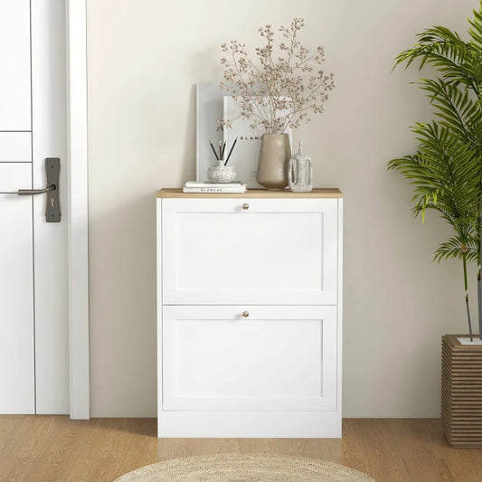 Slim Shoe Storage Cabinet, Modern Shoe Cabinet With 2 Flip Drawers And Adjustable Shelves For 8-12 Pairs, White