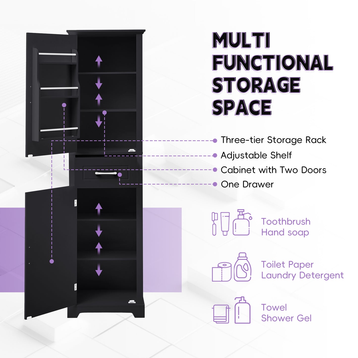 Tall Bathroom Storage Cabinet, Freestanding Storage Cabinet With Two Doors And Adjustable Shelves, Door Shelve Design, MDF Board With Painted Finish, Black
