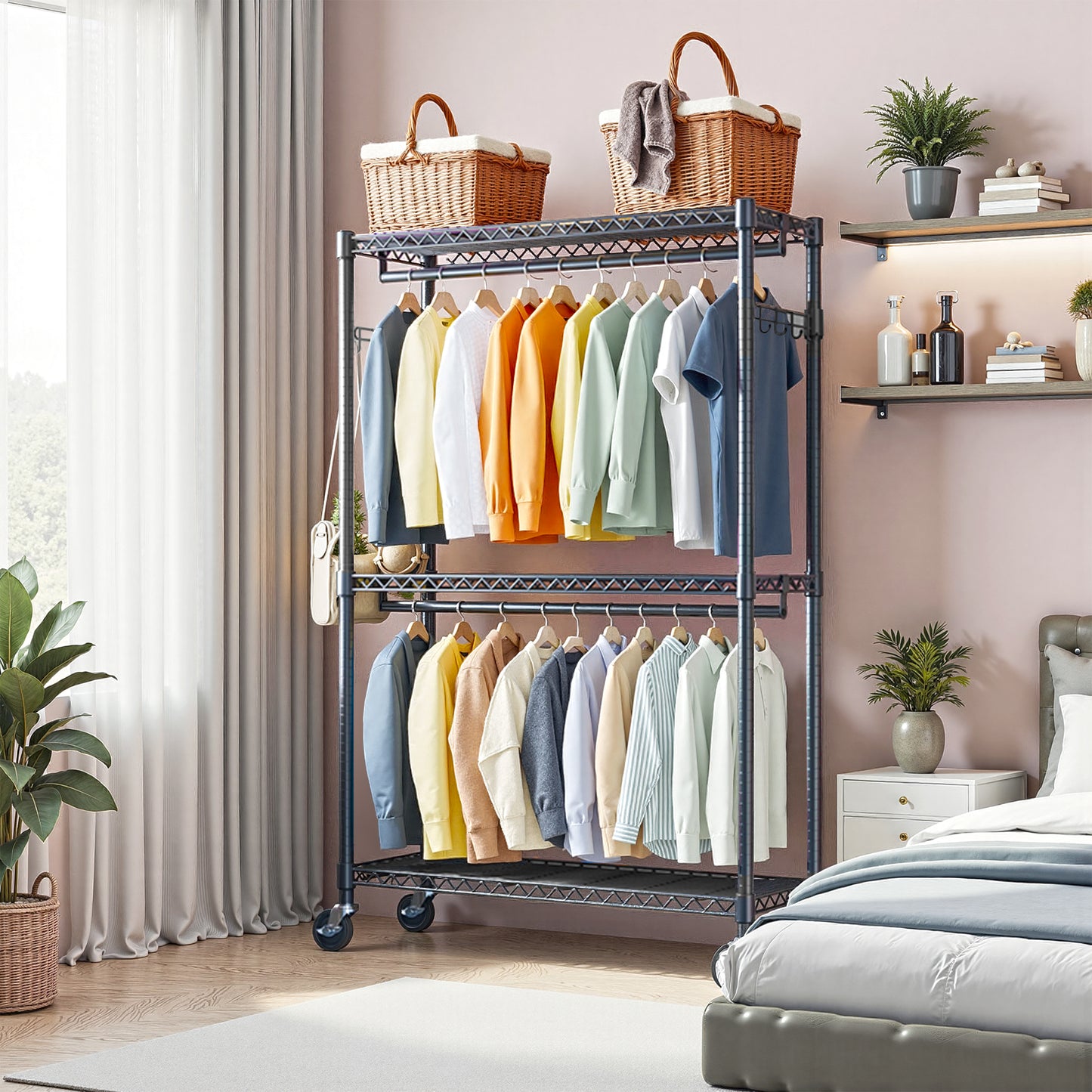 Heavy Duty Rolling Garment Rack 3 Tiers Adjustable Wire Shelving Clothes Rack With 2 Rods And Side Hooks,Storage Closet Clothing Rack With Wheels Black 15.7  D X 45.3  W X 79.6  H