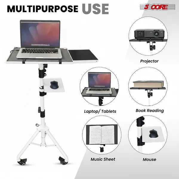 Projector Stand 29.5 To 71 Inch Adjustable Tripod 2 Shelves Portable Laptop Cart W Phone Holder