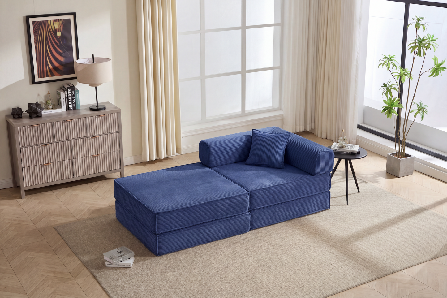 78  Convertible Sofa Bed, Modular Corduroy Couch With 2 Pillows, Space-Saving Compressed Floor Sofa, Ideal For Living Room, Bedroom, Apartment,Navy-Blue.