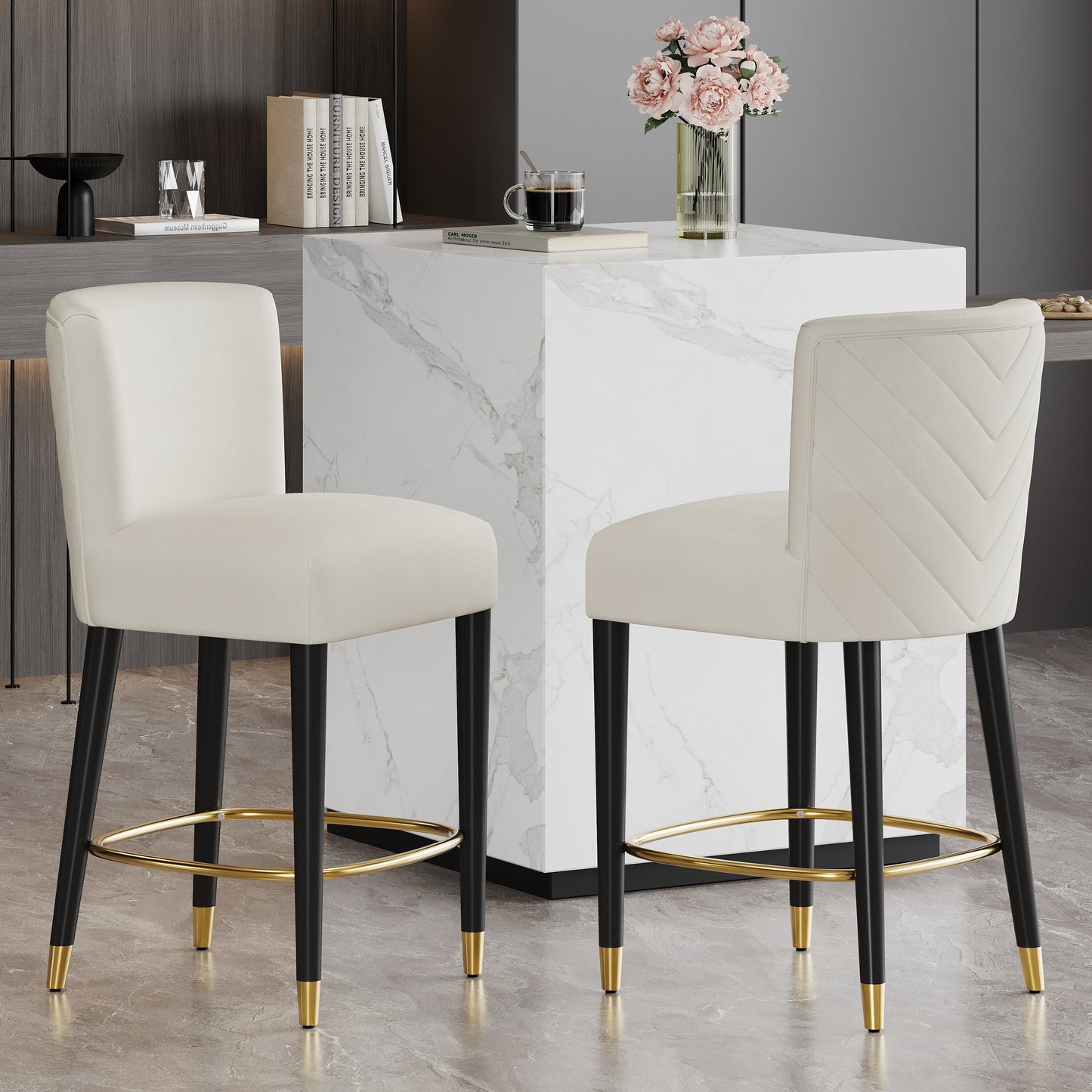 27inch-counterstool,  Modern Design With A Smooth, Light - Colored Fabric And Circular Footrest With A Gold - Colored Finish,creates A Sophisticated And Luxurious Look--Begie