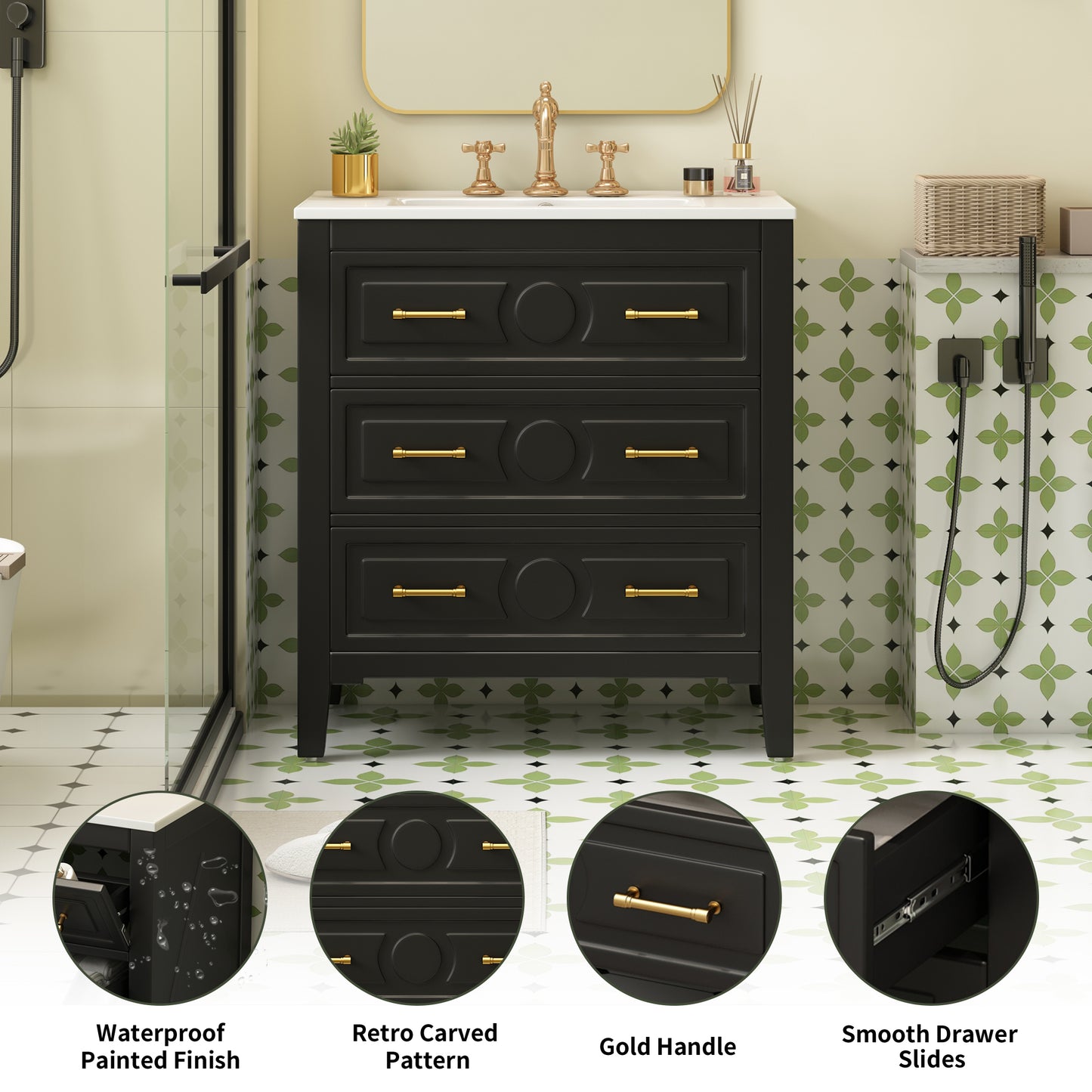 30   Bathroom Vanity With Ceramic Sink Combo, Free Standing Single Vanity Set With 3 Drawers, Solid Wood Frame Bathroom Storage Cabinet, Black