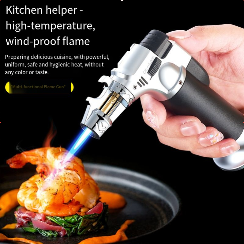 Black Straight-stream Spray Gun With Built-in Bottle Opener, Lighter, Windproof Cigar Holder, Outdoor Portable Barbecue And Baking Kit.
