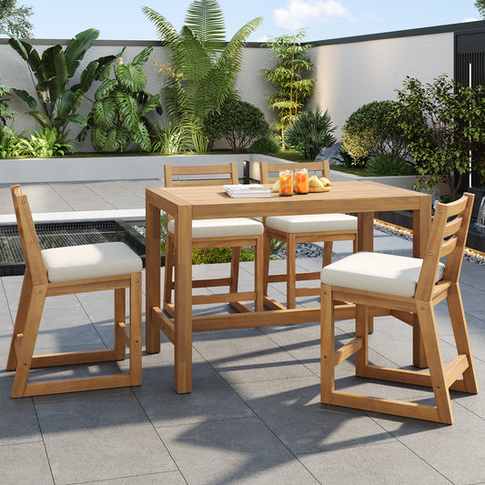 TREXM 5-Piece Rustic Patio Bar Set  Patio Table And Chairs Set With Ergonomic Chairs  Solid Wood Slatted Tabletop For Poolside  Balcony  Backyard  Porch  Light Teak Beige Cushion