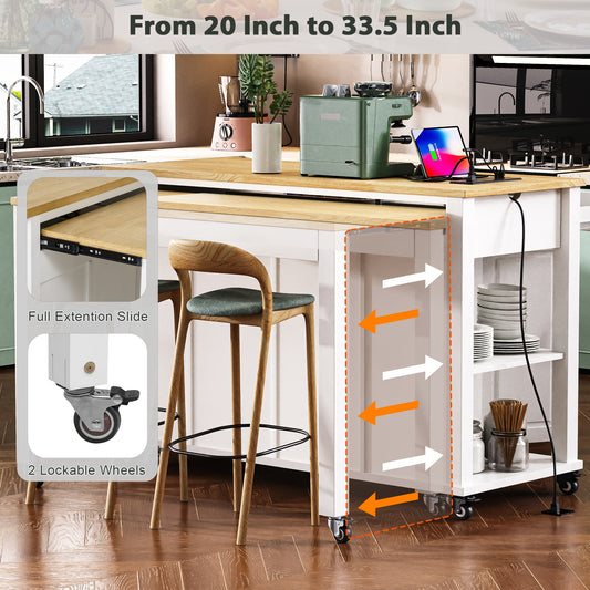 K&K 47 Inch Kitchen Island With Extendable Dining Table, Rubber Wood Veneer Kitchen Table With Internal Storage Rack, Power Outlet, Kitchen Island With Storage 2 Drawers 2 Cabinet,White