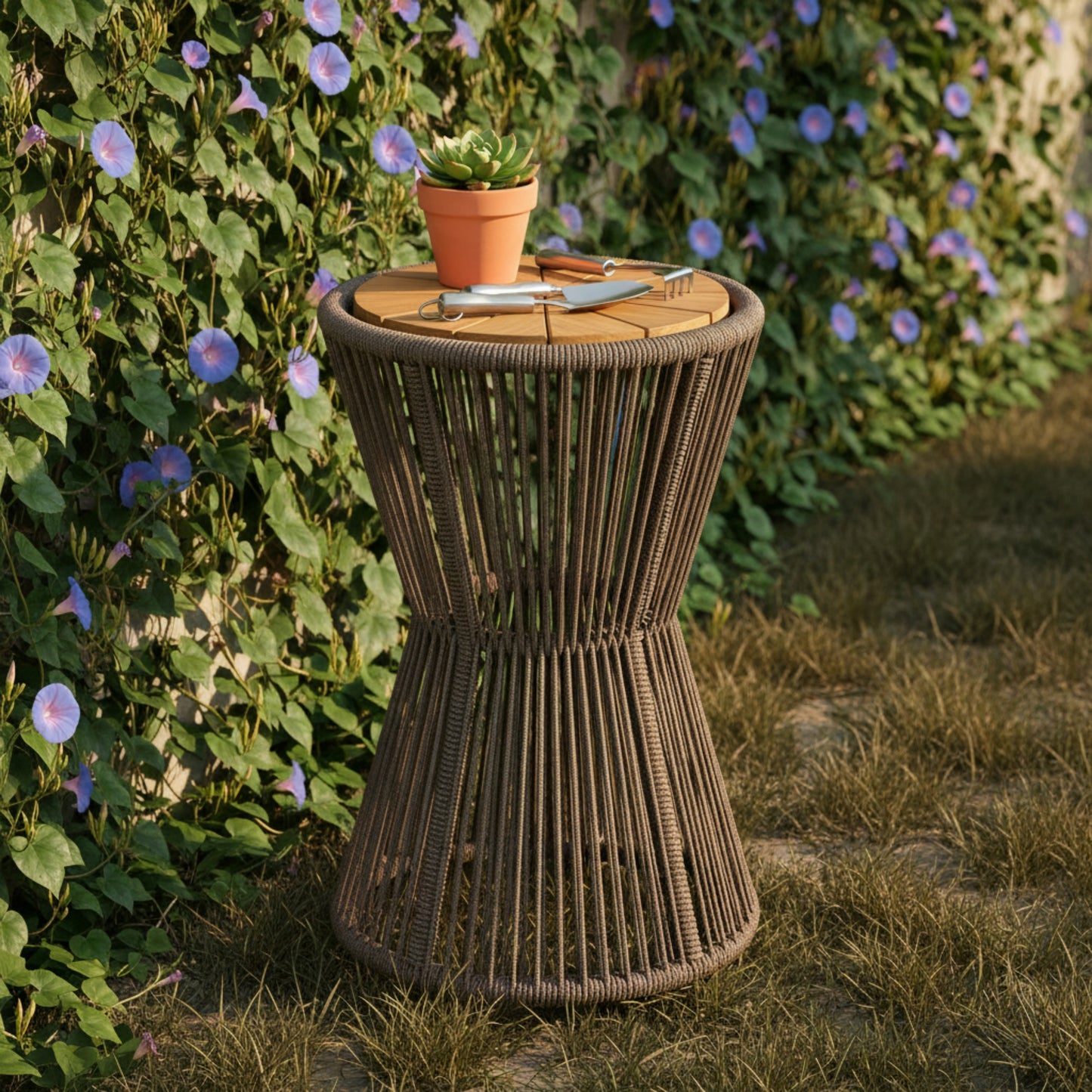 Outdoor Side Table, Dark Grey Rope And Acacia Wood, 25.80  Height, 16.14  Diameter, Elegant Long Hourglass Design, Weather Resistant, For Patio, Deck, Garden, Balcony, Modern Minimalist Style