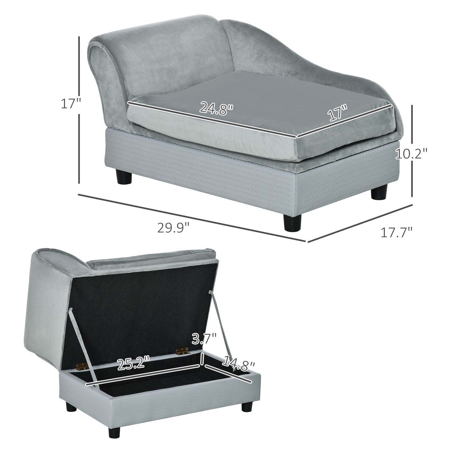 Luxury Fancy Dog Couch With Hidden Storage, Small Dog Sofa Bed With 2" Soft Foam, Modern Pet Furniture For Puppies & Little Breeds, Pale Gray