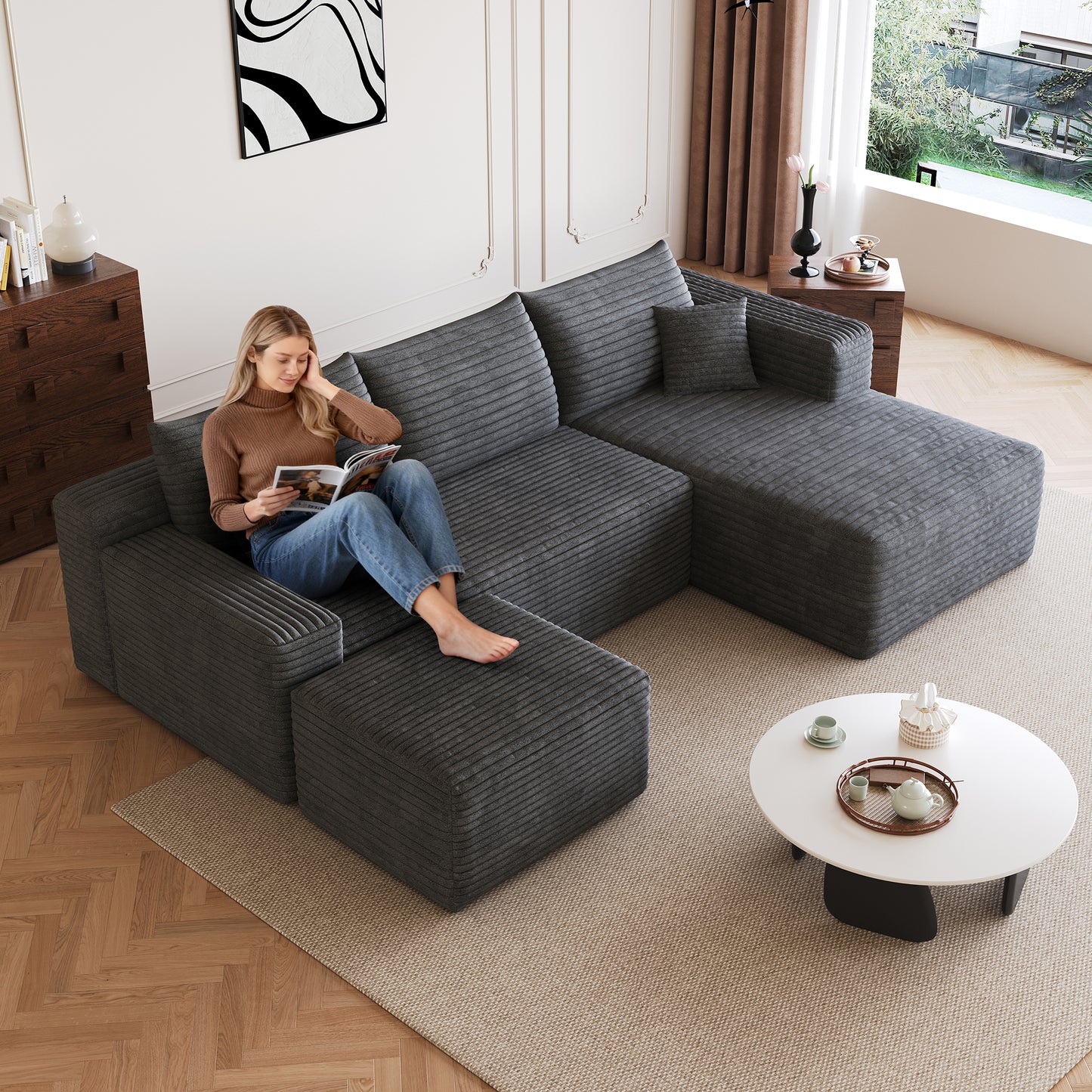 95  Cloud Sectional Sofa With 1 Ottoman,Modern Minimalist Upholstered Couches, Comfort U Shaped Sofa For Living Room,Deep Seat Corner Couch,No Assembly Required,Dark Grey  Plush Corduroy Fabric