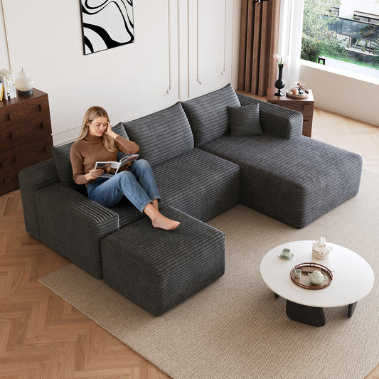 95  Cloud Sectional Sofa With 1 Ottoman,Modern Minimalist Upholstered Couches, Comfort U Shaped Sofa For Living Room,Deep Seat Corner Couch,No Assembly Required,Dark Grey  Plush Corduroy Fabric