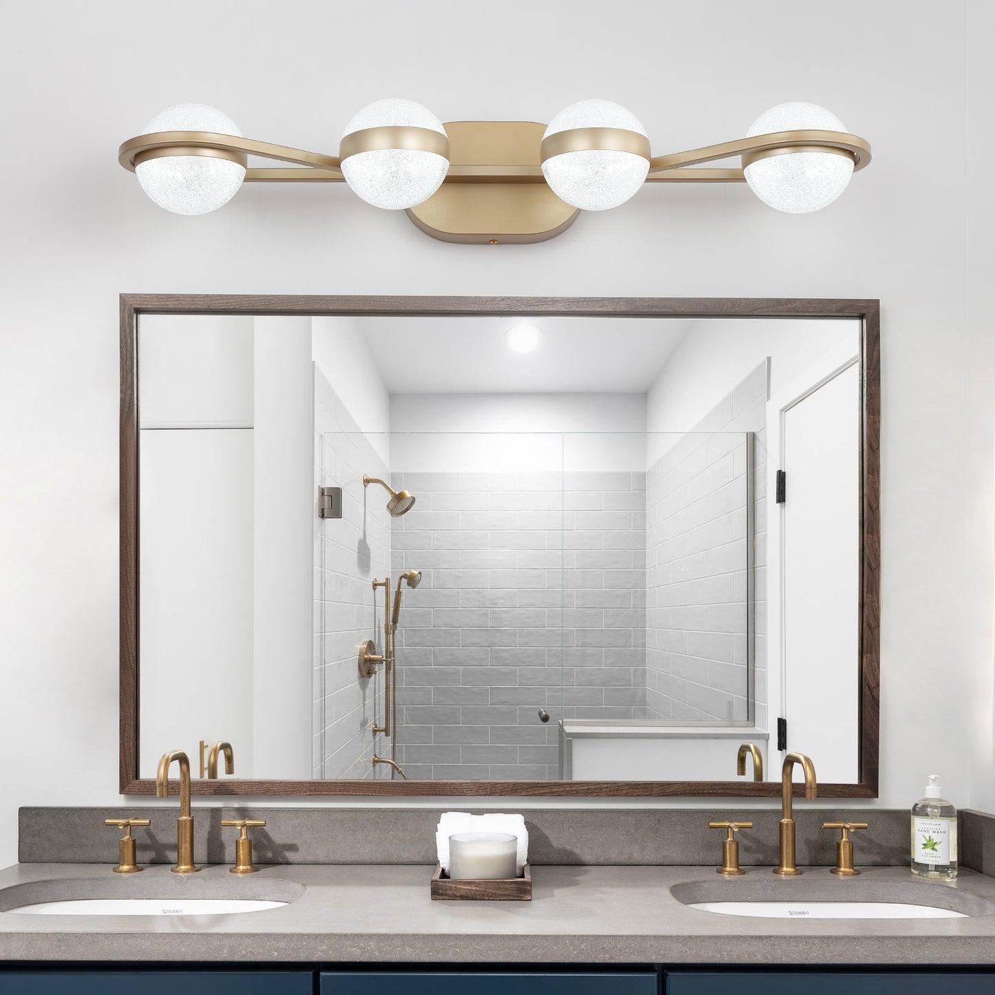 28in  Golden Minimalist LED Bathroom Vanity Light With Crystal Sand Acrylic Shades, 4-Light Wall Mounted Decorative Lighting Fixture, Suitable For Bathroom Vanity Mirror