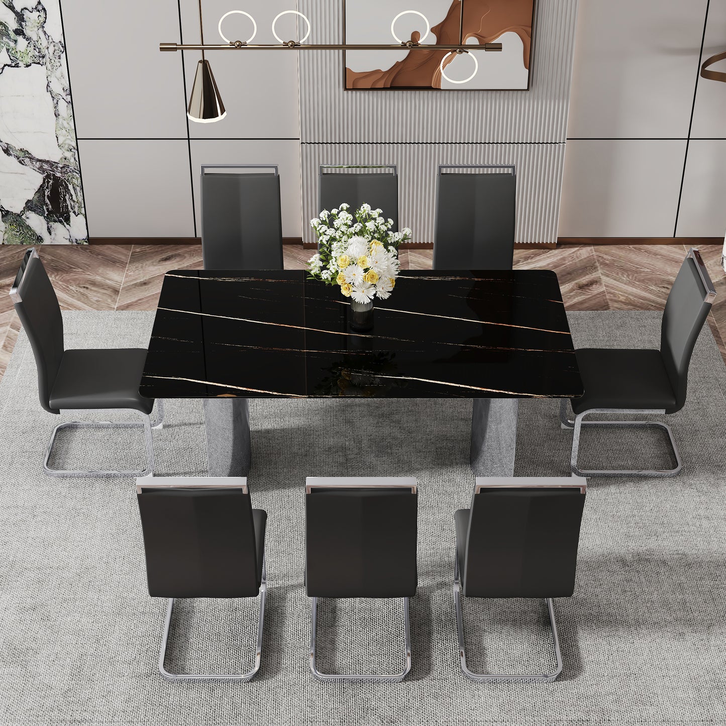 Modern Minimalist Dining Table. The Black Imitation Marble Glass Desktop Is Equipped With Silver Metal Legs. Suitable For Restaurants And Living Rooms 71  X39.3  X29.5  DT-69