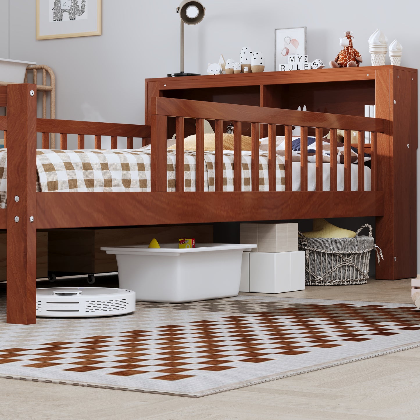 Twin Size Bed With Headboard Storage Rack, Two Under-Bed Drawers, Three-Side Guardrails For Safety And Security,Walnut