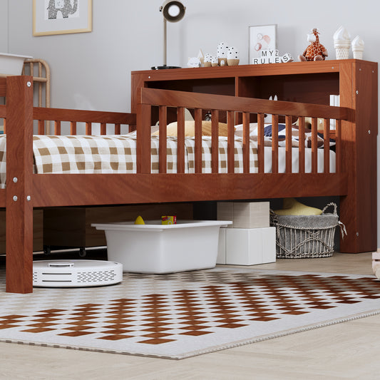 Twin Size Bed With Headboard Storage Rack, Two Under-Bed Drawers, Three-Side Guardrails For Safety And Security,Walnut