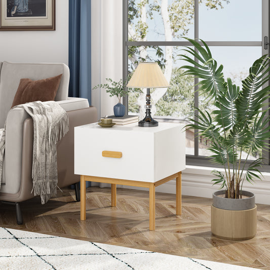 Modern White Nightstand With Drawer And Wood Legs, Minimalist Bedside Table With Handle For Bedroom, Living Room, Apartment