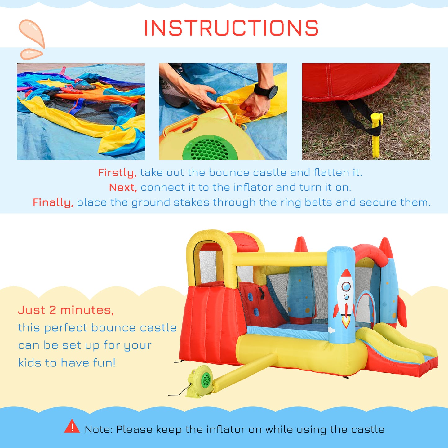Kids Bounce House, 4-in-1 Rocket Inflatable Water Slide Jumping Castle With 2 Slides, Climbing Wall, Trampoline, & Water Pool Area, Air Blower