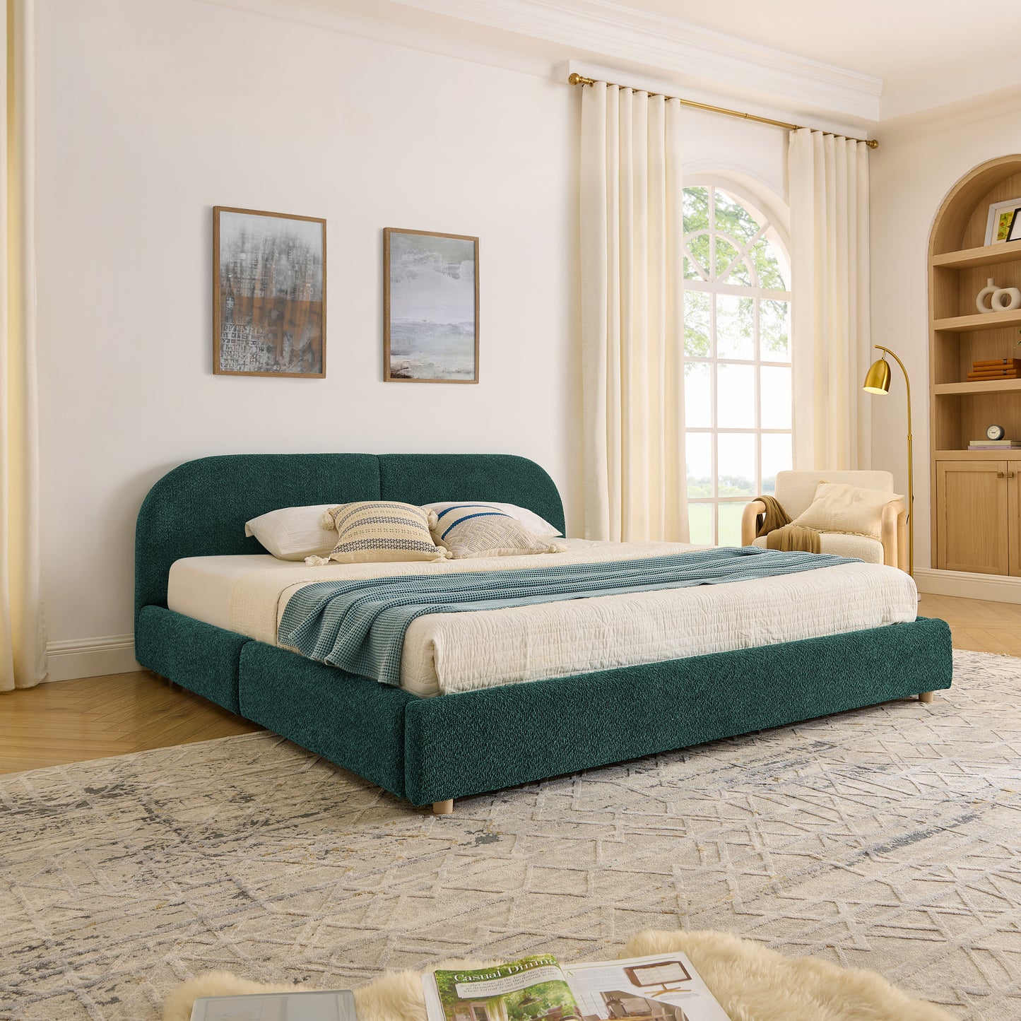 King Size Upholstered Bed Frame Modern Minimalist Style - Circle Yarn Fabric, Tall Curved Headboard, Sturdy Leg Support & Wheeled Drawer Storage, Mattress Not Included - Green