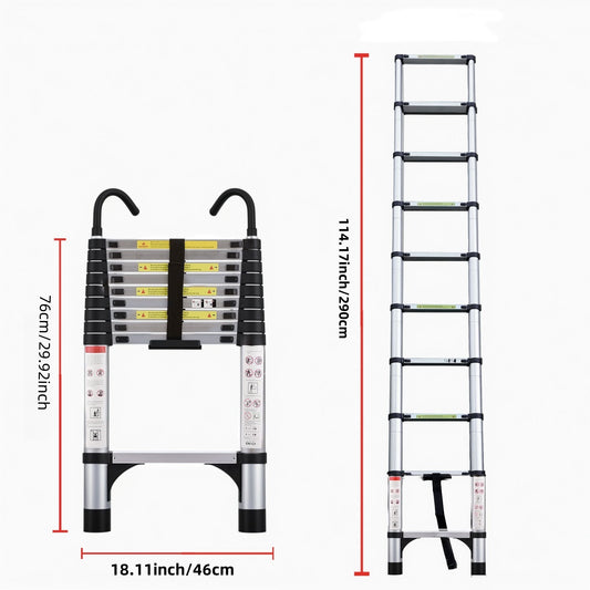 Telescopic Ladder, 9.5 Foot Aluminum Button Telescopic Ladder With 2 Triangular Stabilizers And Hooks, Multi-purpose Ladder, Maximum Load-bearing Capacity Of 330 Pounds, Suitable For Industrial And Ho