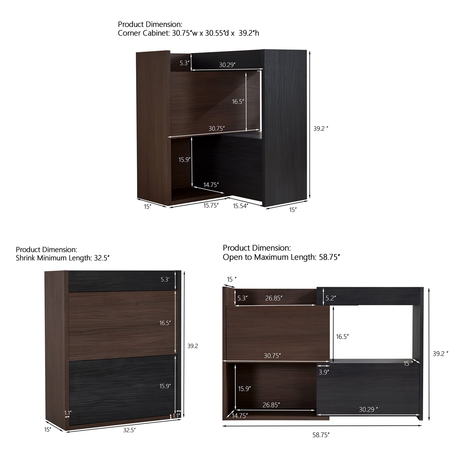 32.5 -58.8 W 40 H Multifuctional Storage Cabinet, Buffet Sideboard Cabinet With Drawer, Corner Cabinet For 44 H Window Decor, Livingroom, Hallway, Entryway, Kitchen & Office  - Black & Walnut