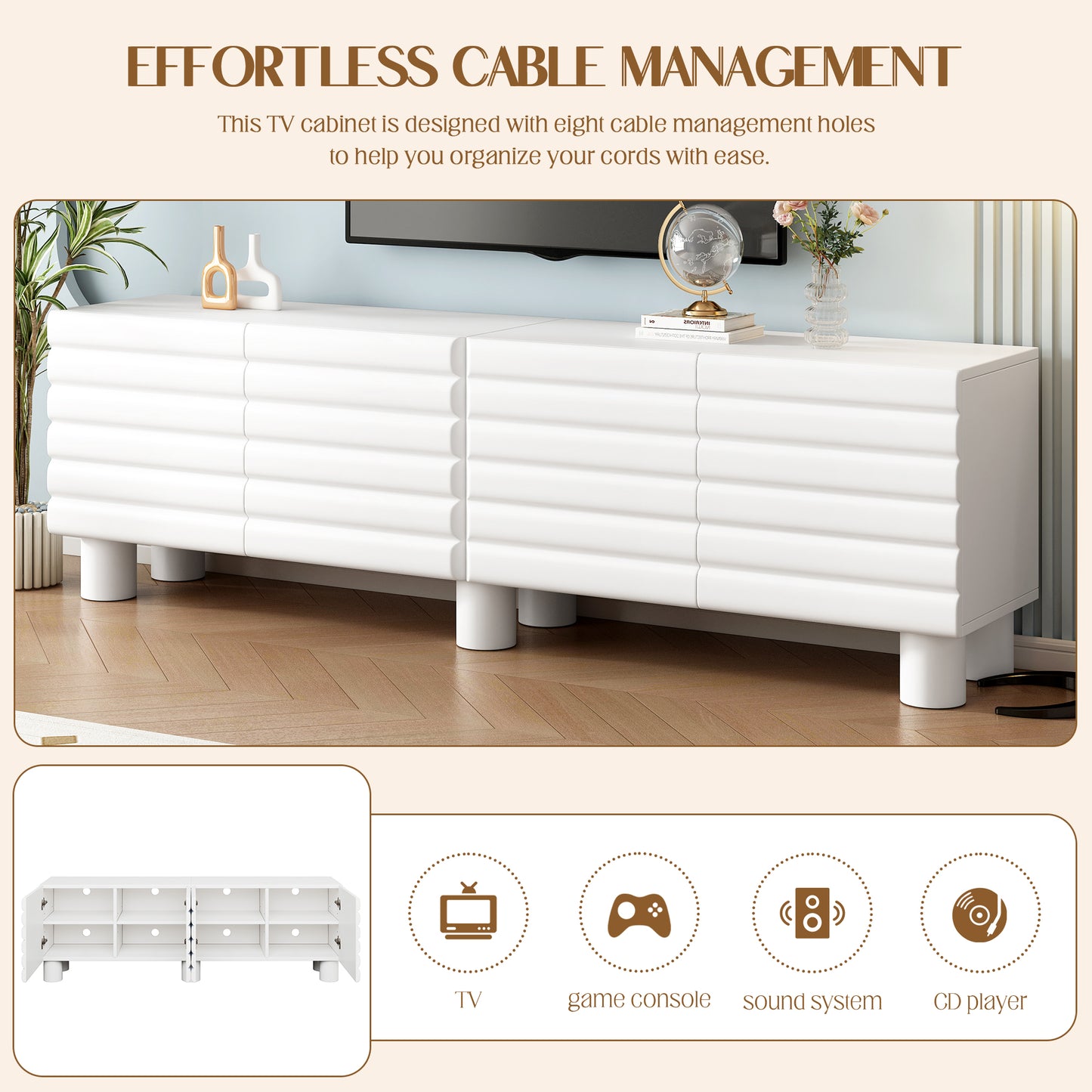 Stylish Thick Wavy Door TV Cabinet With Adjustable Shelves, Cream Style TV Stand With 4 Cabinets For TVs Up To 75, Solid Media Console With Cylindrical Legs And Cable Holes For Living Room, White