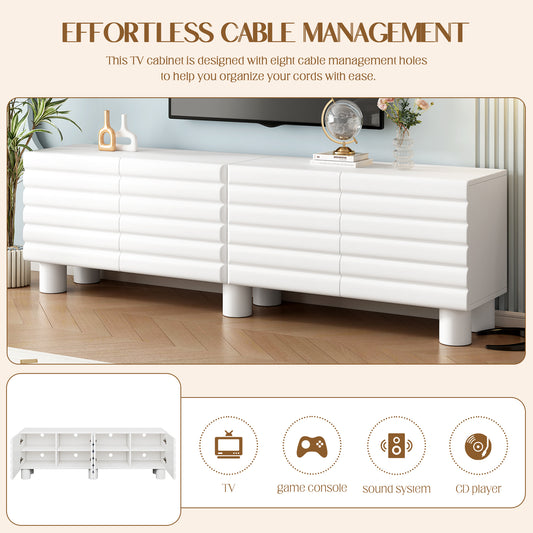 Stylish Thick Wavy Door TV Cabinet With Adjustable Shelves, Cream Style TV Stand With 4 Cabinets For TVs Up To 75, Solid Media Console With Cylindrical Legs And Cable Holes For Living Room, White