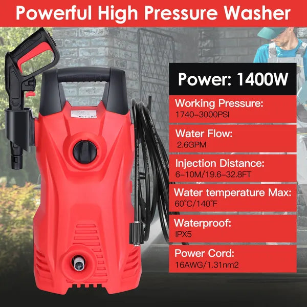 Electric High Pressure Washer 3000PSI Max 2.6GPM Powerful Car Washer Pressure Cleaner With Adjustable Spray Nozzle Soap Dispenser IPX5 Waterproof For Patio Garden Driveway