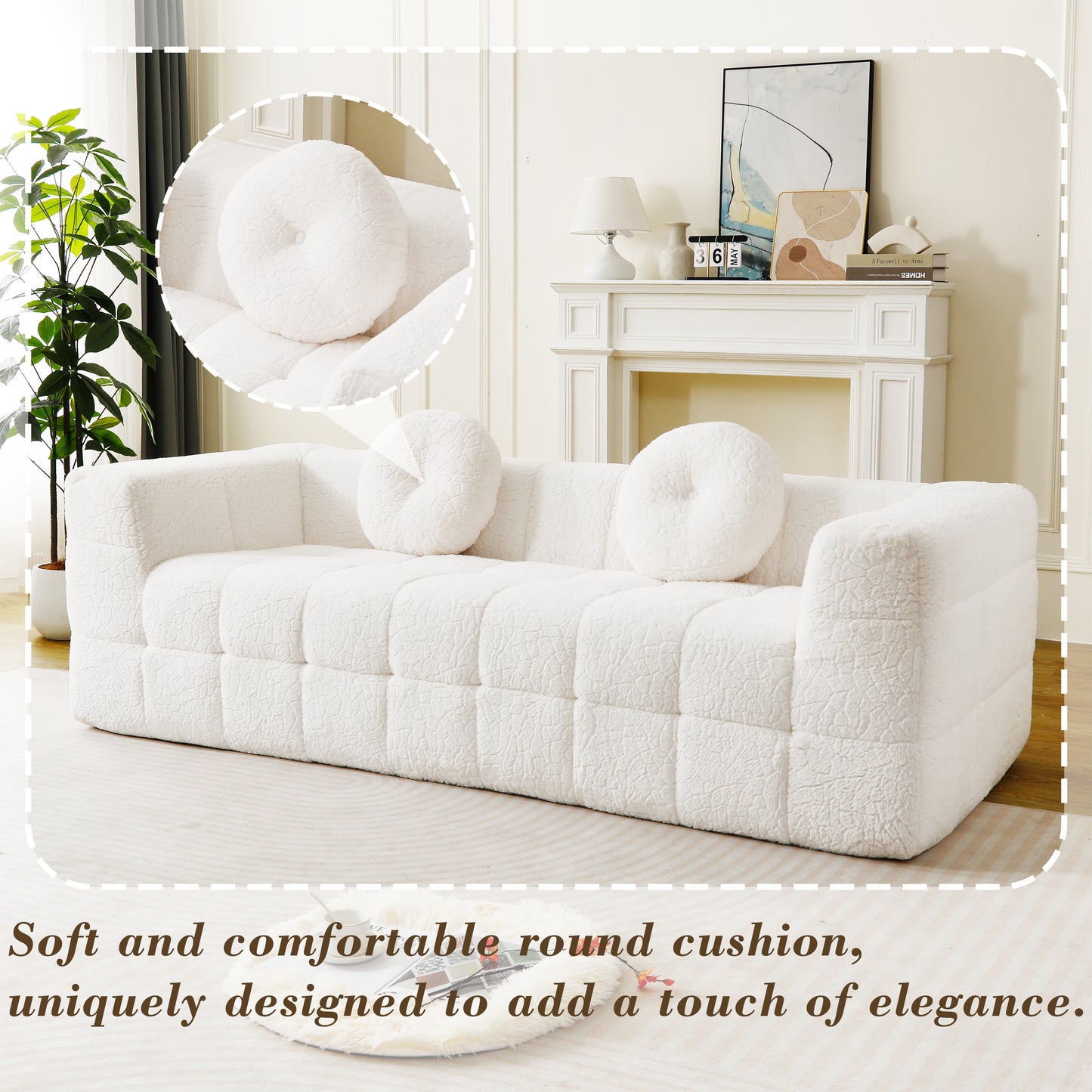 84.6-inch Modern Boneless Couch With Two Circular Throw Pillows,Skin-friendly Lychee-textured Long-pile Polyester Fabric,Checkered Fabric Design Three-Seater Foam Sofa