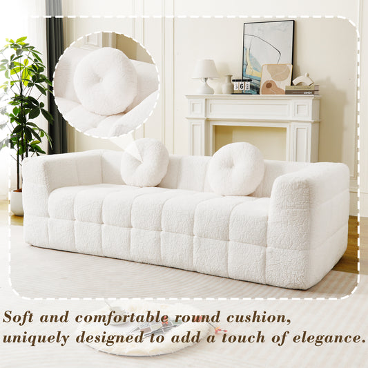 84.6-inch Modern Boneless Couch With Two Circular Throw Pillows,Skin-friendly Lychee-textured Long-pile Polyester Fabric,Checkered Fabric Design Three-Seater Foam Sofa