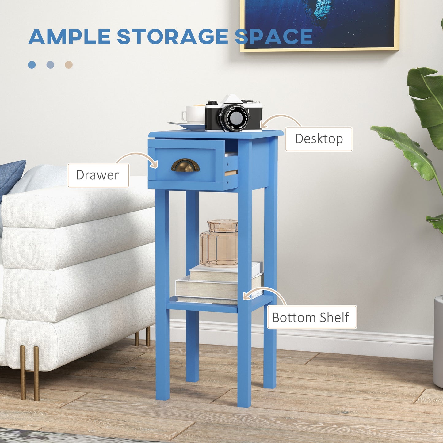 2-Tier Side Table With Drawer And Shelf, End Table ,Light Blue