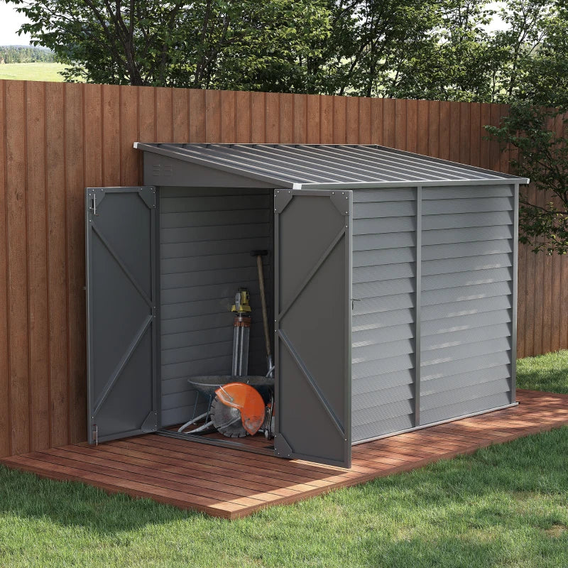 4.6' X 9' Outdoor Storage Shed, Lean To Metal Shed With Foundation Kit, Lockable Doors And Gloves For Patio, Lawn, Gray