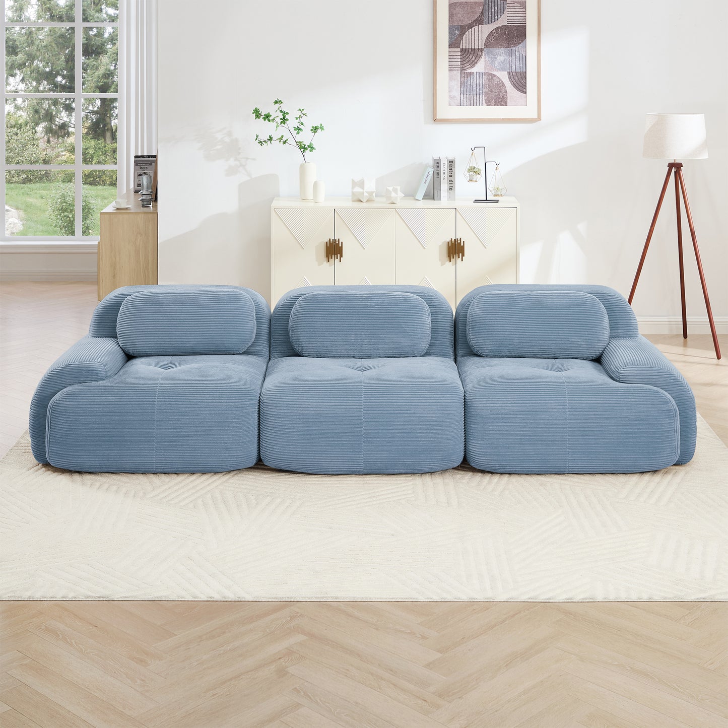 3-seat Sofa PremiumCorduroy Fabric Fabric Modular Multi-combination Anti-slip Design No Assembly Curved Armrests Ergonomic Support High-resilience Sponge For Living Rooms Bedrooms,Blue